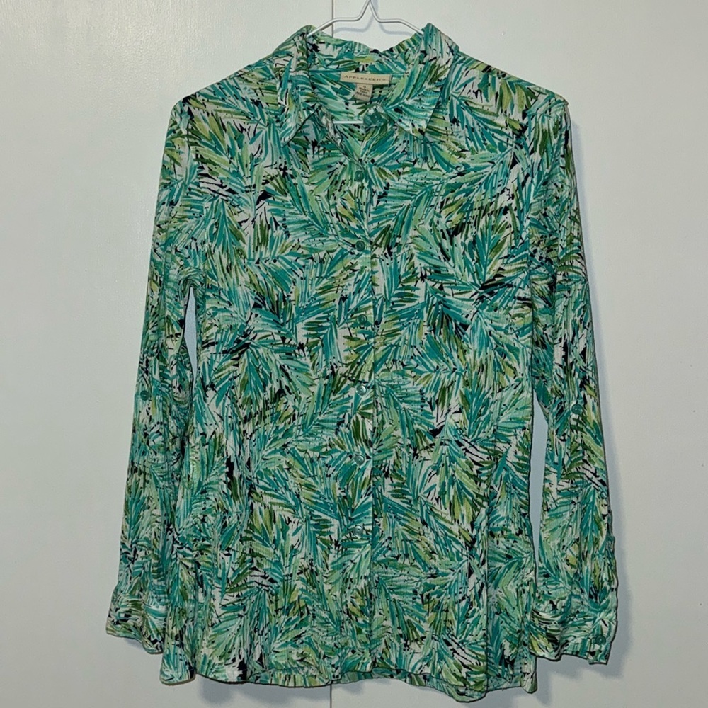 Appleseed’s Button Down Shirt Green Palm Print Women’s Small S
